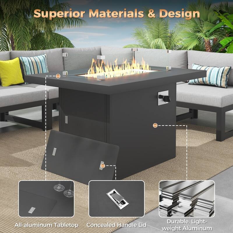 43" Outdoor Aluminum Gas Fire Pit Table, 60,000 BTU, Propane/Natural Gas, Glass Wind Guard