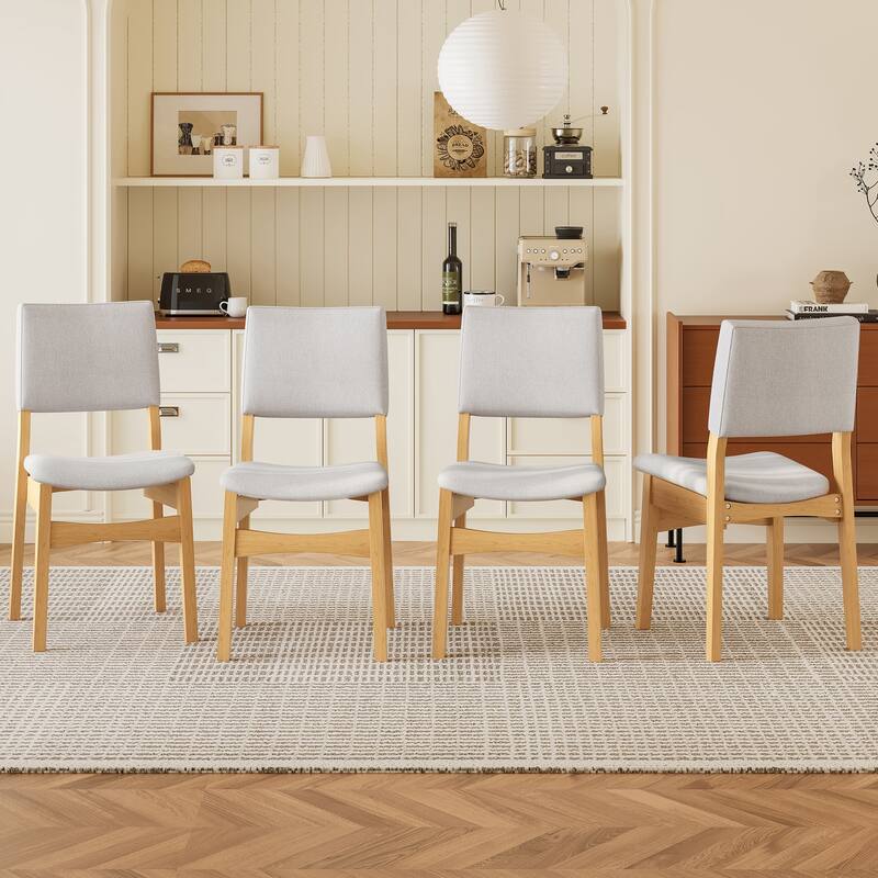 Upholstered Stackable Dining Chairs Set of 4 - Linen Fabric Seat & Backrest, Solid Wood Frame, Rustic Kitchen Chairs - Natural