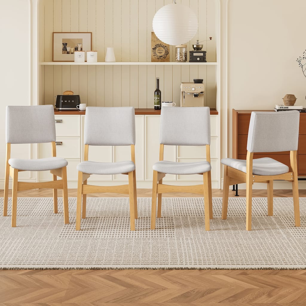 Upholstered Stackable Dining Chairs Set of 4 - Linen Fabric Seat & Backrest, Solid Wood Frame, Rustic Kitchen Chairs