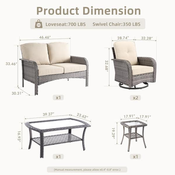 dimension image slide 5 of 10, XIZZI Outdoor Patio Furniture Wicker Sofa Swivel Chair Set