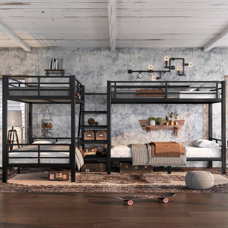 Roomfitters Twin L-Shaped Metal Bunk Bed with Storage Shelves, Space-Saving Corner Frame, Black
