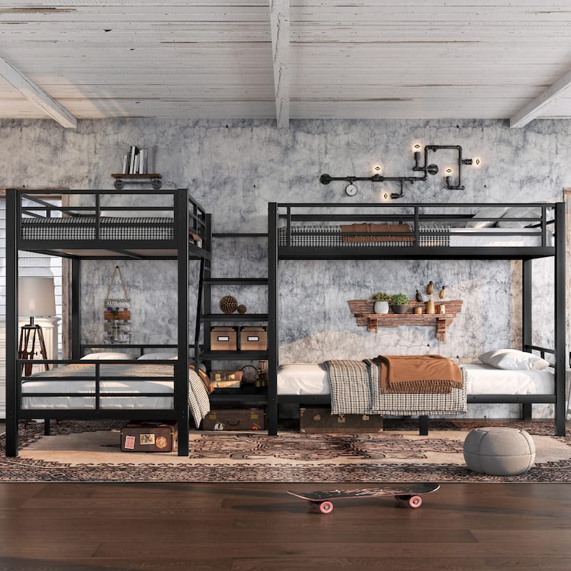 Twin L-Shaped Metal Bunk Bed with Storage Shelves & Safety Guardrail