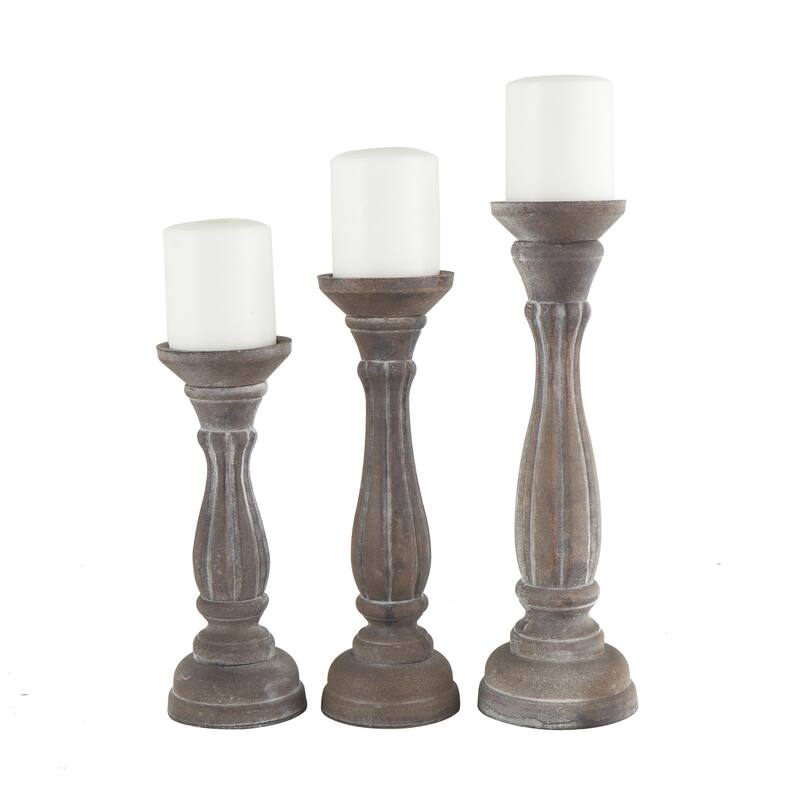 Wooden Distressed Turned Decorative Candle Holder - Set of 3 Gray, Brown, Blue, Green - Roche River Decor