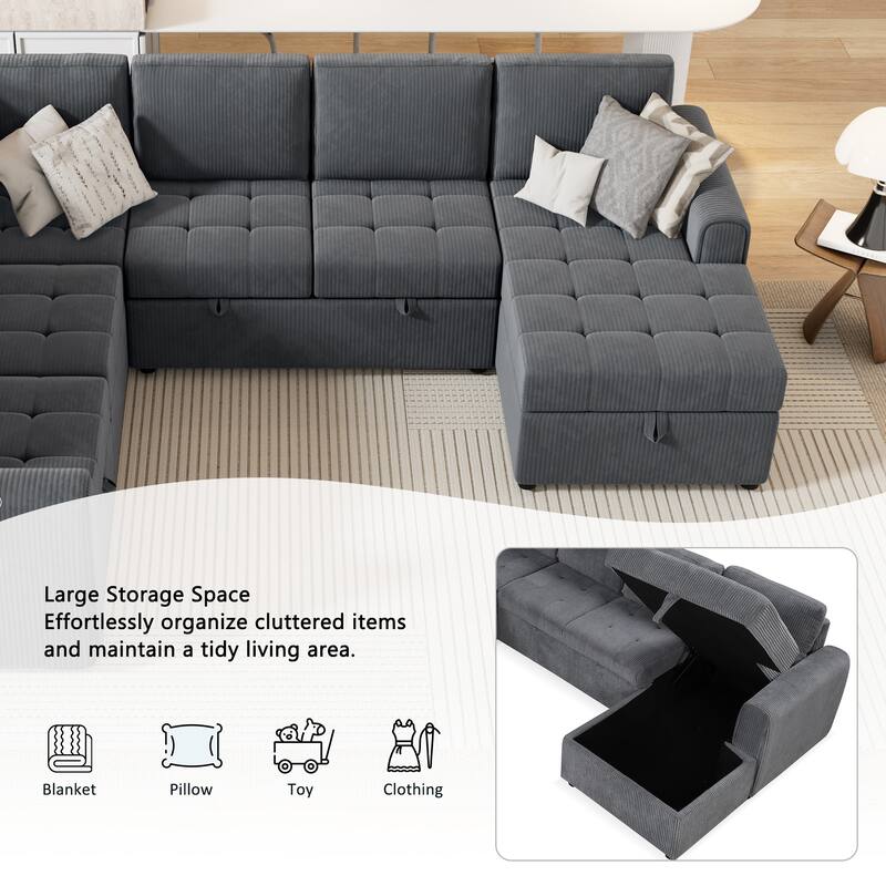 Convertible Sectional Sleeper Sofa with Pull Out Bed, Storage Chaise & Charging Devices, Oversized Corduroy U-Shaped Cloud Sofa