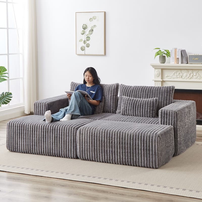 Roomfitters 87" Modern Corduroy Lounge Chaise, Cloud Plush Loveseat Sofa, No Assembly Reclining Sleeper Sofa