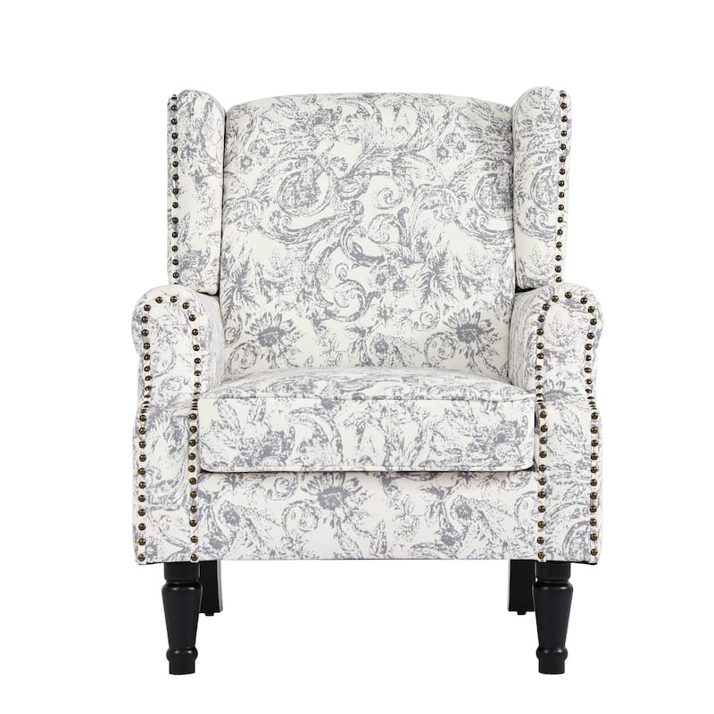 Traditional Floral Patterned Wingback Armchair with Nailhead Trim