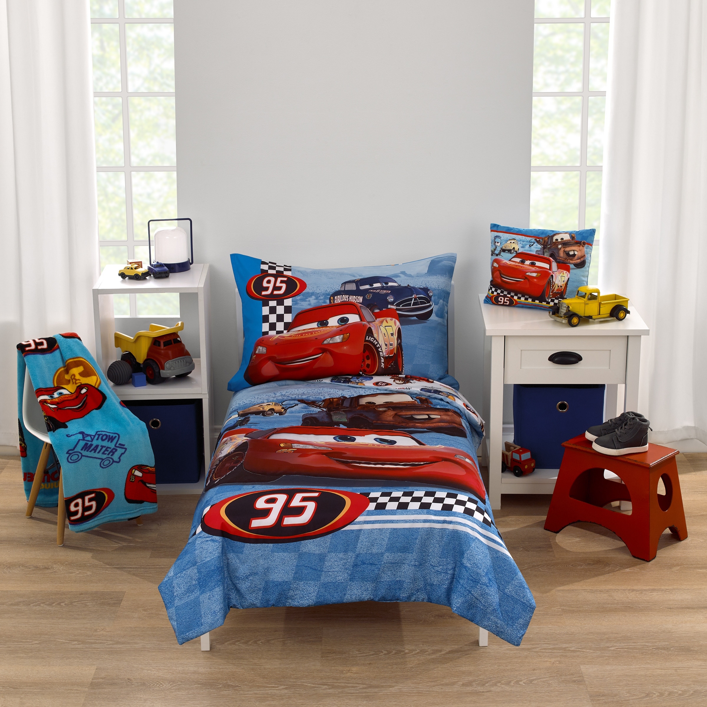 Disney Cars Radiator Springs Lightning McQueen and Tow Mater 4 Piece Toddler Bed Set Red Licensed Characters