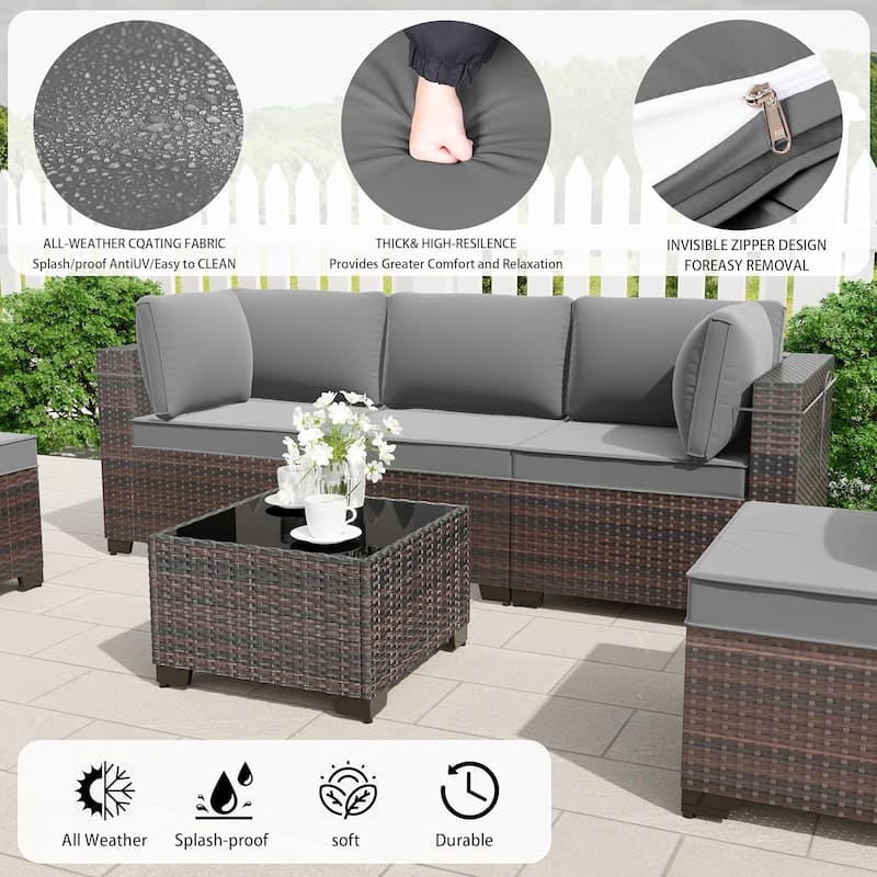 Outdoor Rattan Sectional Sofa Set, Patio Furniture Conversation Set with Fire Pit Table