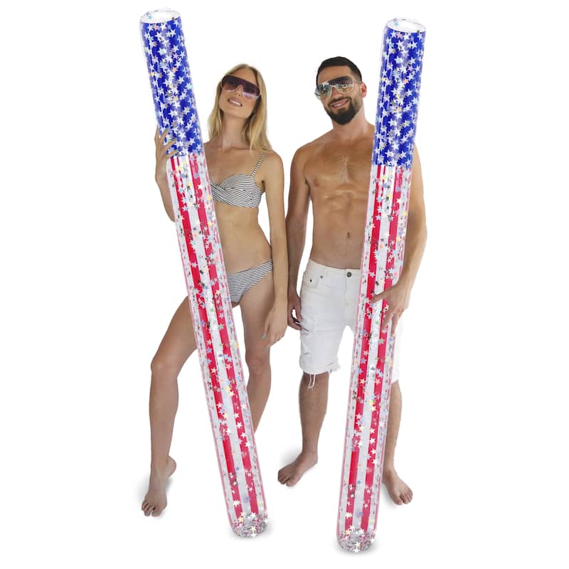 POZA 2 Pack Inflatable USA Flag Jumbo Pool Noodle Floats with Confetti - 74 inches