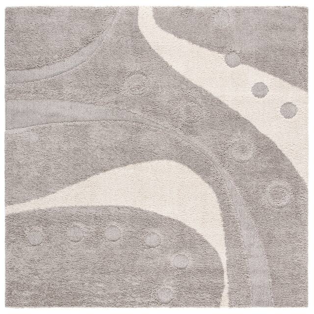 SAFAVIEH Florida Shag Riet Abstract 1.2-inch Thick Rug - 6'7" x 6'7" Square - Grey/Ivory