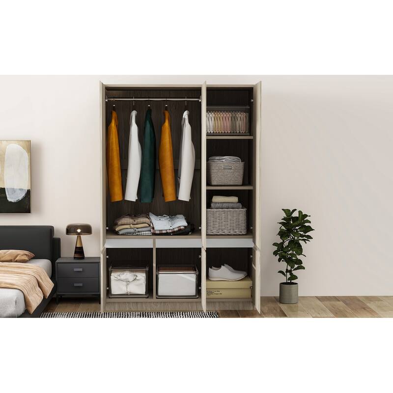 6-Doors Wooden Wardrobe Storage Armoire with Built-in Hanging Rail Clothes Storage Cabinet for Bedroom
