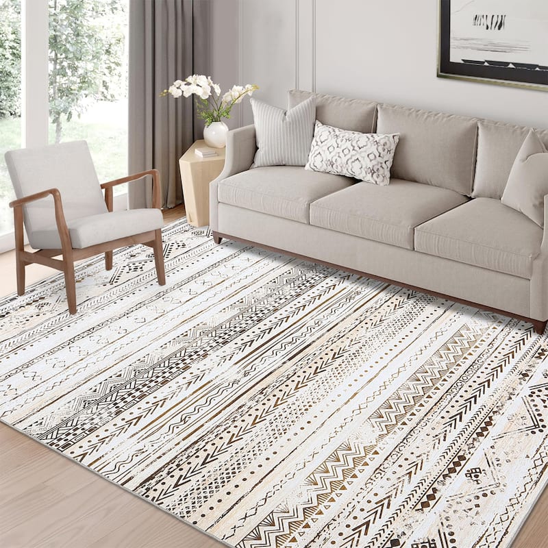 Garvee Geometric Stripes Soft Boho Washable Floor Area Rug - 8' x 10' - Brown