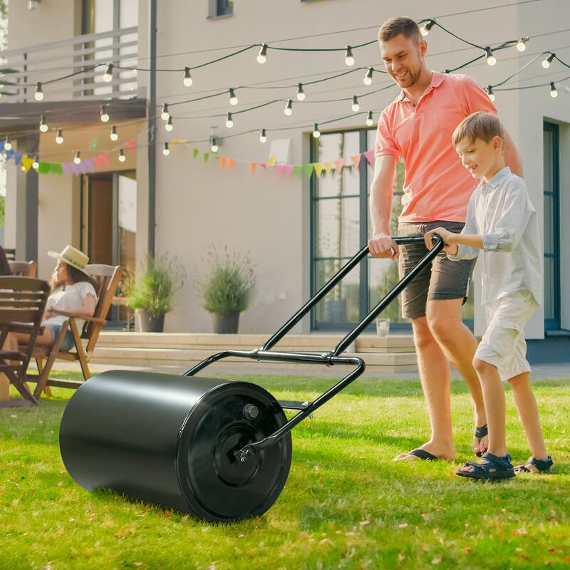 Black 10 Gallon Steel Lawn Roller with U-Handle for Even Grass and Sod Flattening - (19 x 12.6 x 43)" (L x D x H)