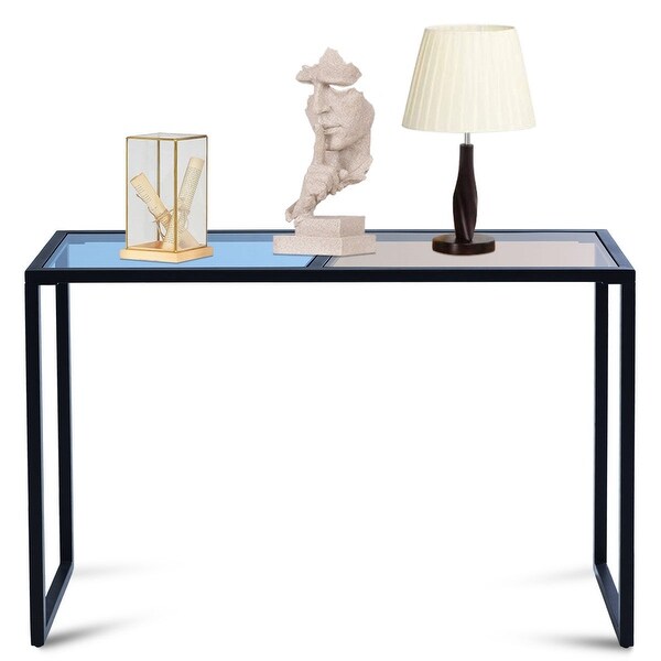 Costway Console Table Tempered Glass Top Metal Frame Hallway Entryway Home Furniture - blue and tan