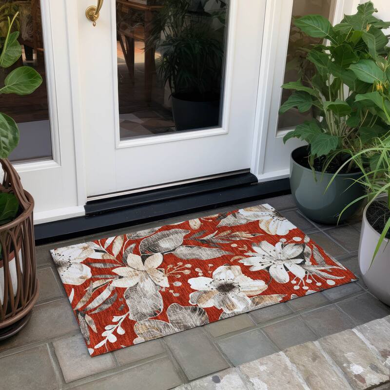 Machine Washable Indoor/ Outdoor Floral Chantille Rug - Red - 1'8" x 2'6"