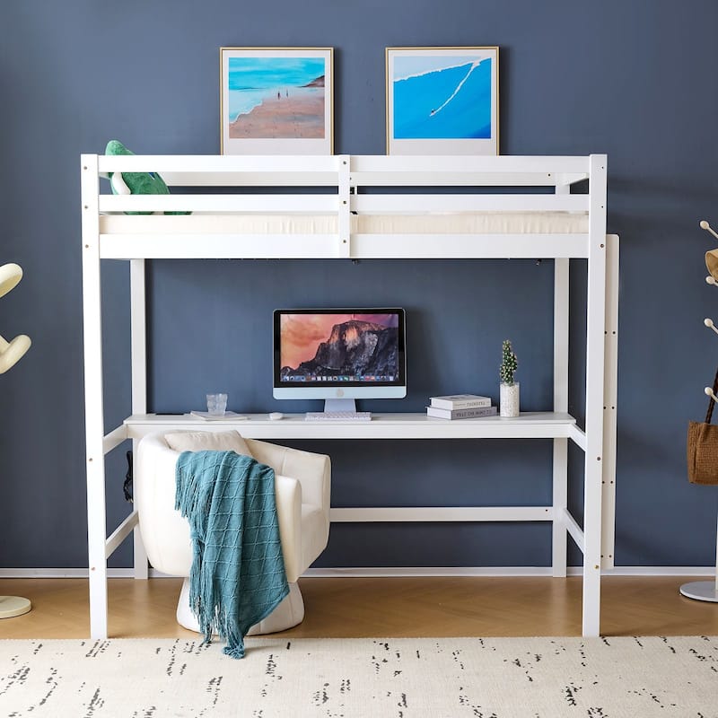 Wood Loft Bed with Desk Twin Size with RGB LED for Adults, 2 Charging Station