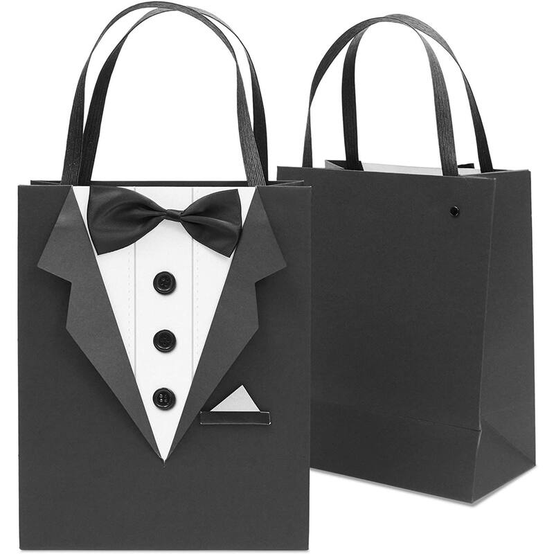 Sparkle and Bash 6 Pack Gift Bags with 3D Tuxedo Design , for Bachelor Birthday, 8x4.5x10"