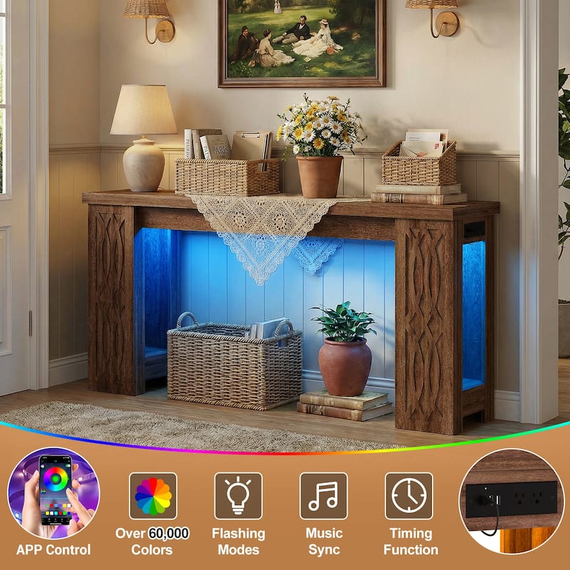 63" Farmhouse Console Table with RGB LED Lights ＆ Power Outlets, Unique Carved Design Entryway Table, Wooden Sofa Table