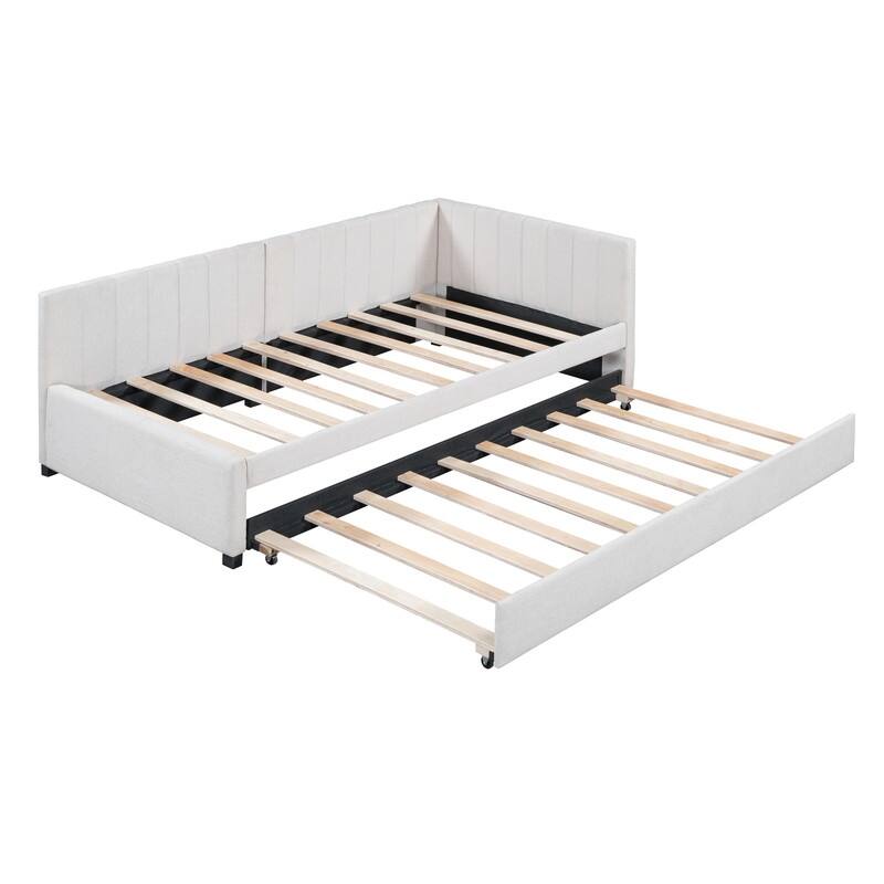 Upholstered Daybed with Twin Size Trundle, Twin Size inen Fabric Sofa Bed Frame with L-Shaped Headboard, No Box Spring Needed