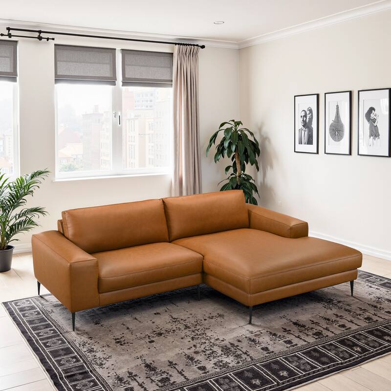 Afton Mid Century Modern Vegan Leather Wide-Arm Sectional in Cognac - Right Facing