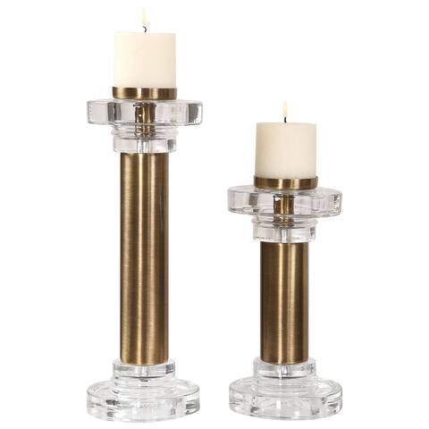 Set of 2 Leslie Brushed Brass Cylindrical Pillar Candle Holders 19"