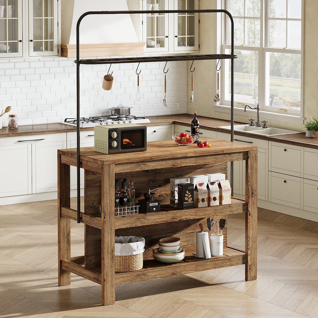 47 Inch Farmhouse Solid Wood Kitchen Island with Storage and 5 Hooks - 23.62" D x 47.24" W x 70.08" H