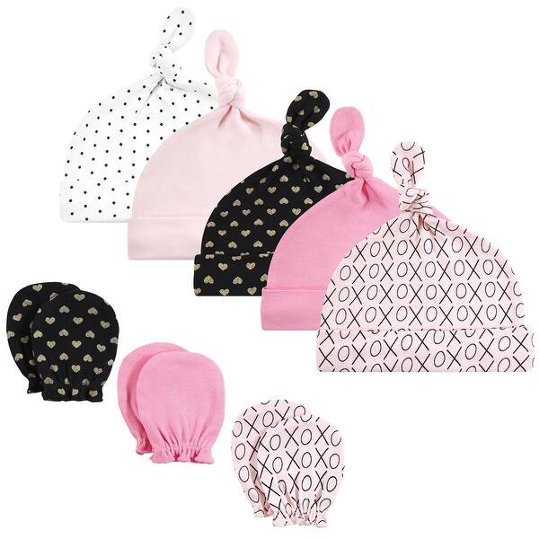 slide 1 of 1, Hudson Baby Infant Girl Cotton Cap and Scratch Mitten Set, Xoxo, 0-6 Months - Xoxo Xoxo - 0-6 Months