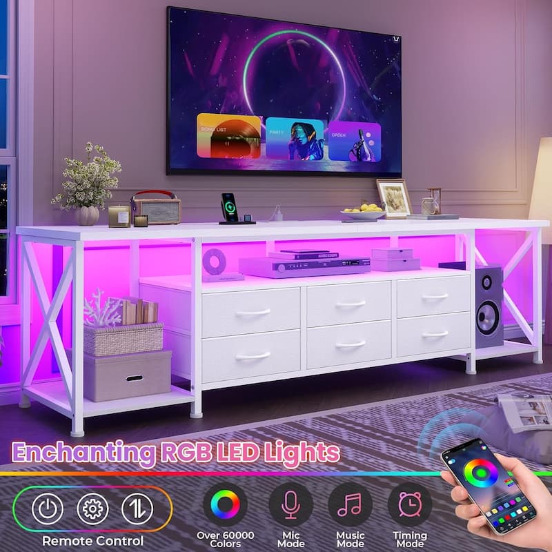 TV Stand with LED Lights Power Outlets Dresser Fabric Drawers Entertainment Center
