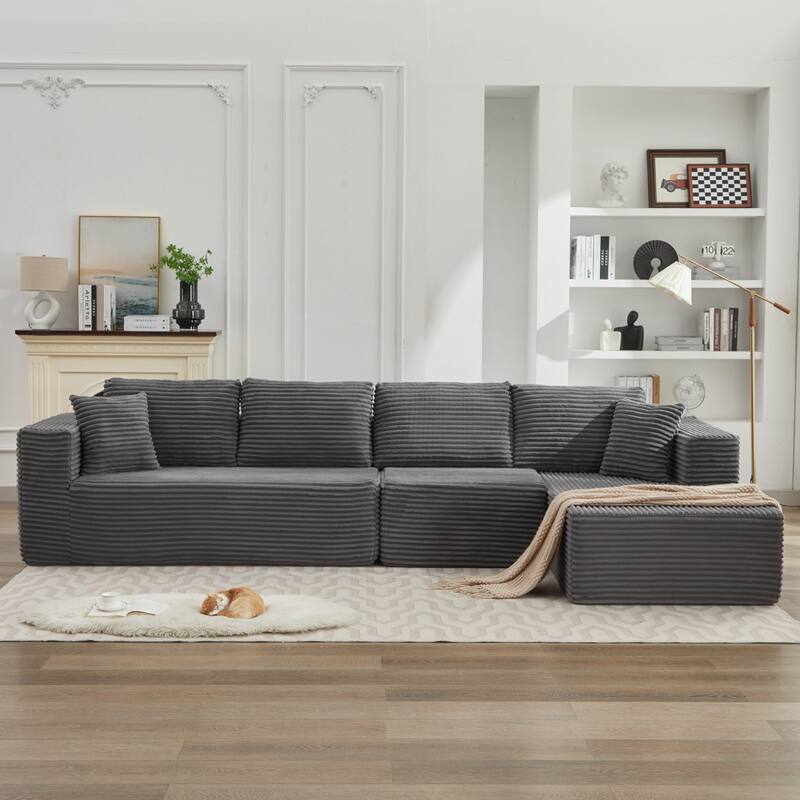 Modular Sectional Sofa with L-Shape Chaise, Oversized Corduroy Upholstered Cloud Sofa, Deep Seat Sofa with 2 Throw Pillows