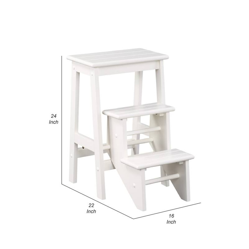 24 Inch 3 Level Step Stool, Plank Tops and Safety Latch, Classic White Wood