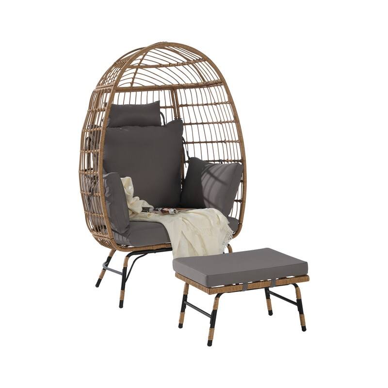 Wicker Egg Chair with Ottoman, Oversized Indoor Outdoor Lounger for Patio, Backyard, Living Room