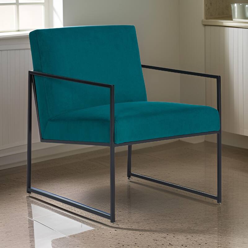 Anisa Accent Chair, Teal Velvet Seat Cushions, Black Metal Frame