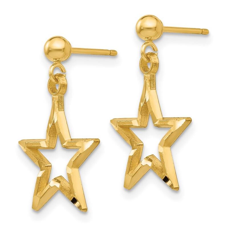 Curata 14k Yellow Gold Satin Sparkle Cut Star Dangle Post Earrings 21x13mm