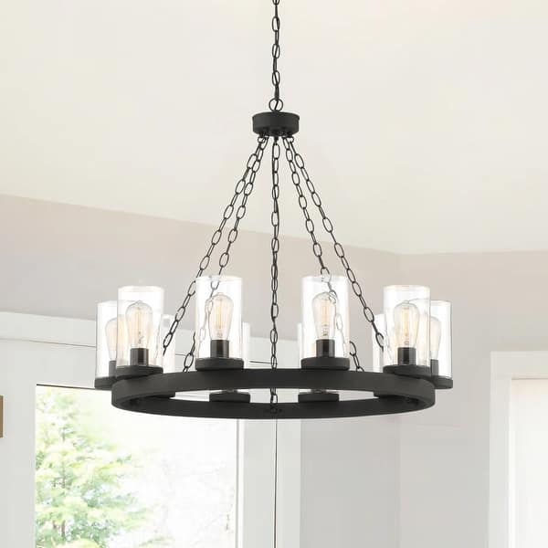 slide 2 of 9, Acroma 10-light Farmhouse Black Wagon Wheel Chandelier
