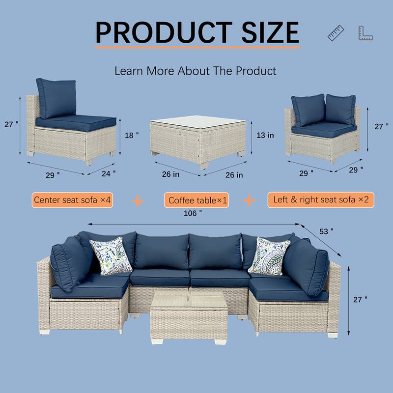 7-Piece Wicker Outdoor Sectional Set with Glass Table and Cushions
