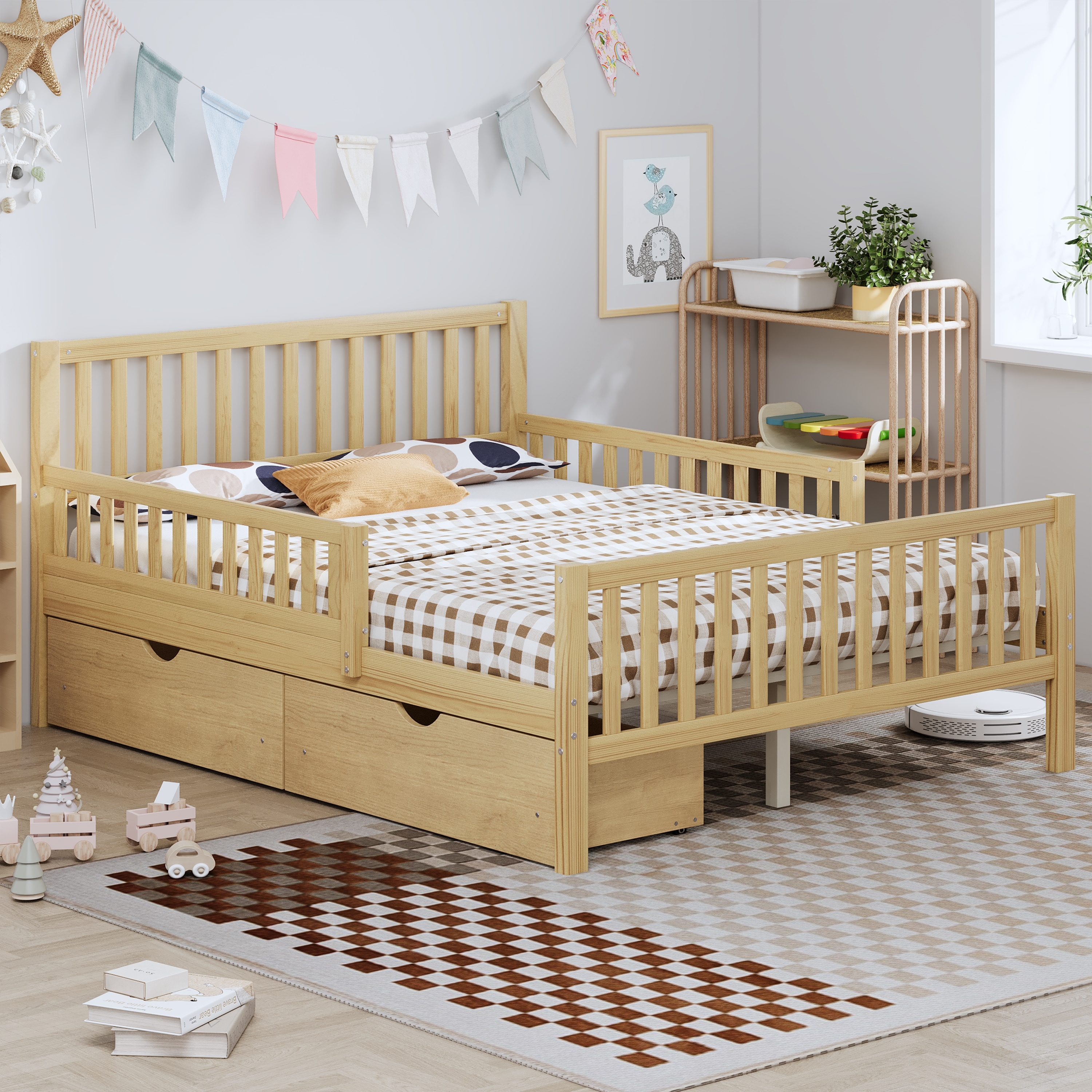 Full Size Wood Platform Bed with Guardrails & Storage Drawers