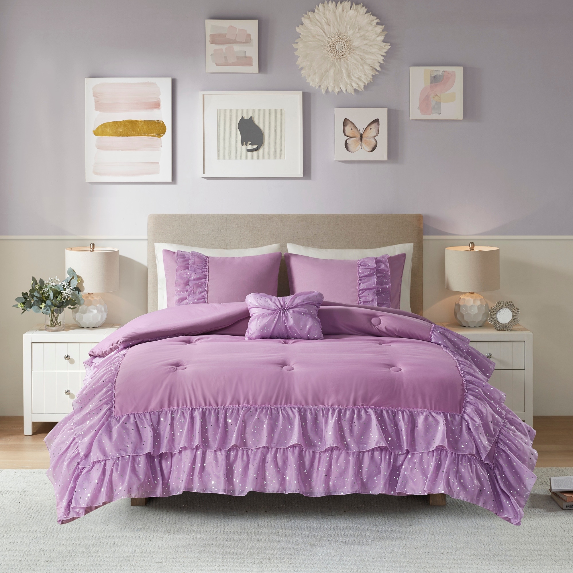 Mi Zone Melina Purple Comforter Set With Mesh Waffle And Metallic Print Overstock 31287940