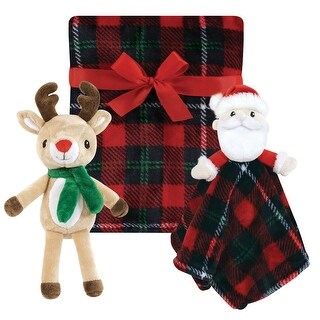 Hudson Baby Unisex Baby Plush Blanket with Toy, Rudolph And Santa Plaid, One Size - Rudolph And Santa Plaid - One Size