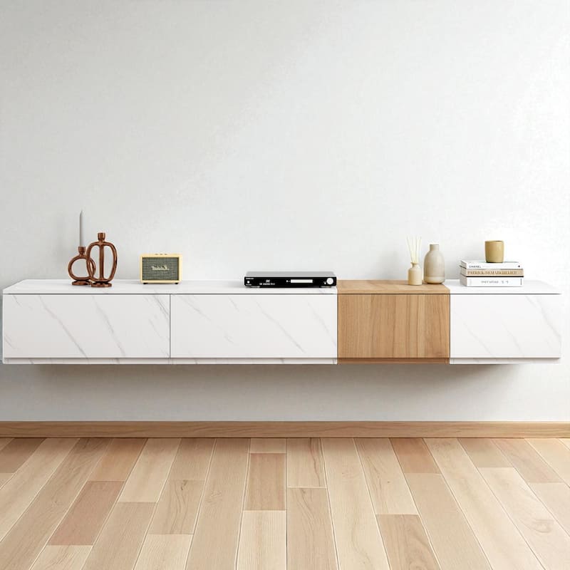 78.7 Inch Modern TV Stand with Faux Marble & Walnut Finish, Entertainment Center with 4 Storage Drawers for TVs Up to 88 Inch