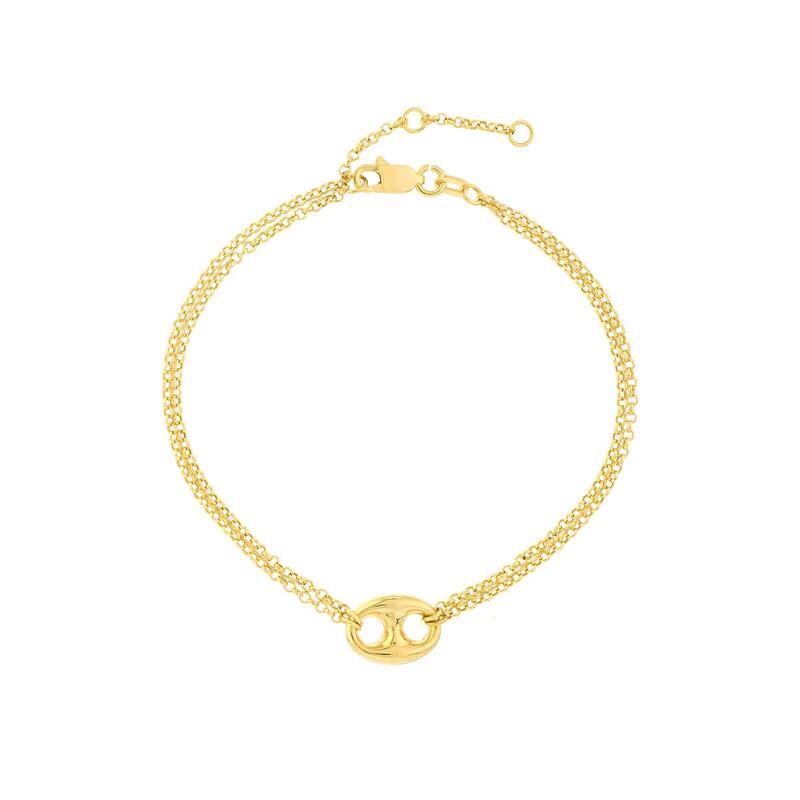 Curata 14k Yellow Gold 7.5" Puff Mariner Element With Double Chain Bracelet