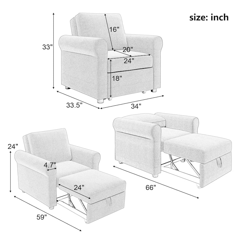 Livingroom Accent Chair 3-in-1 Convertible Sleeper Sofa Chairs Bed Arm Chairs Pull-out Sofa Lounge Chairs Adjust Backrest Chaise