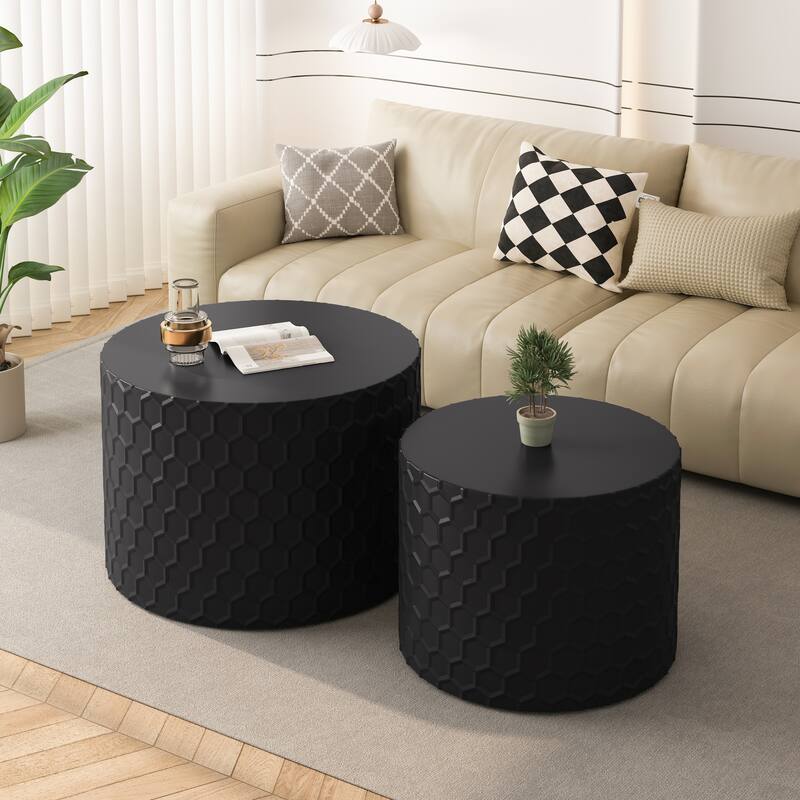 Minimalist Coffee Table Set of 2, 23.6" Round Drum Side Tables, Nesting Wooden Centerpiece Table for Living Room, Lounge