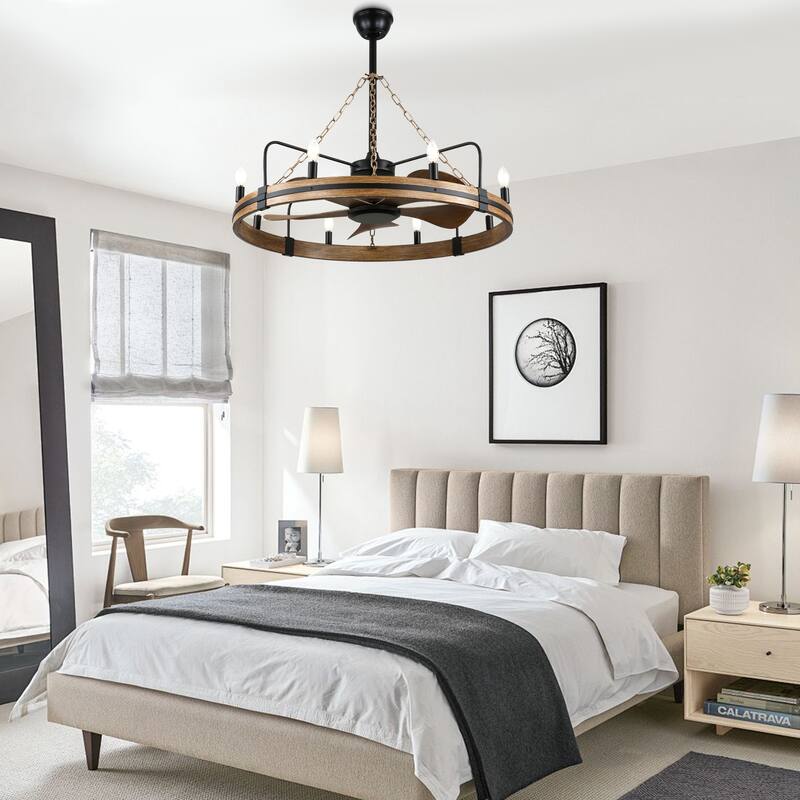 Cusp Barn 36 Inch Rustic Wagon Wheel Ceiling Fan with Light and Remote, Industrial 6 Speeds Fandelier Ceiling Fan for Bedroom