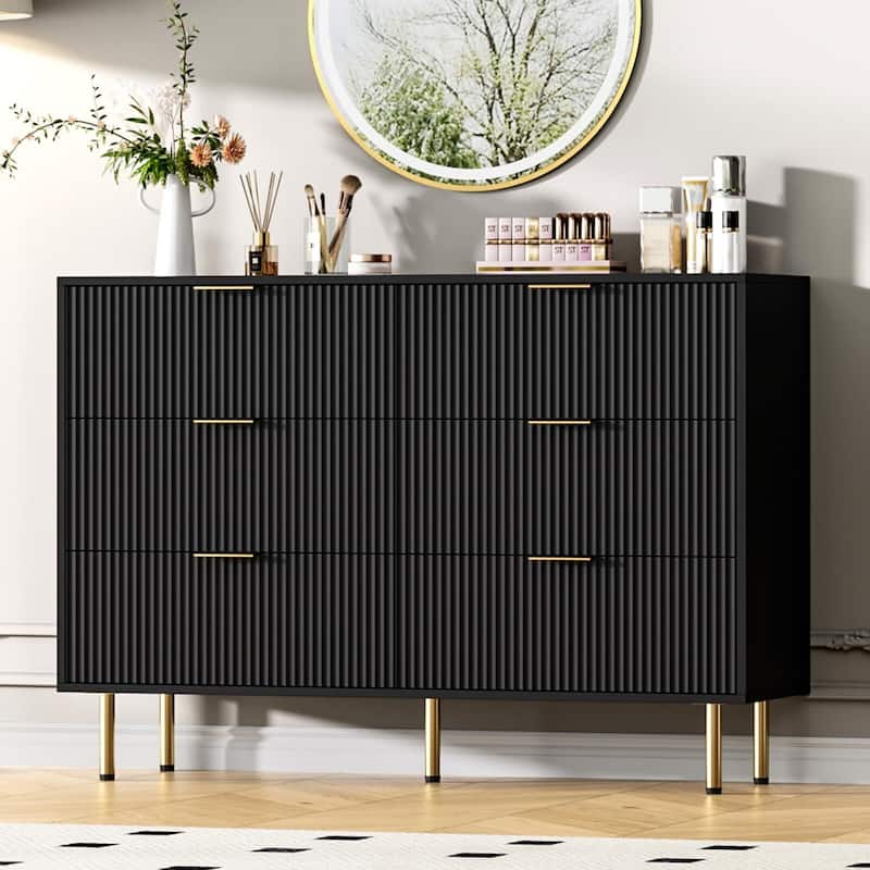 6 Drawers Dresser for Bedroom, Fluted Dresser Chest of Drawers with Handle, Wood Modern Dressers for Closet - Black