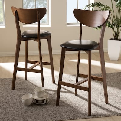 Set of 2 Modern Bar Stools with Walnut Finish Frame and Faux Leather Seats, Stylish Seating for Kitchen Islands