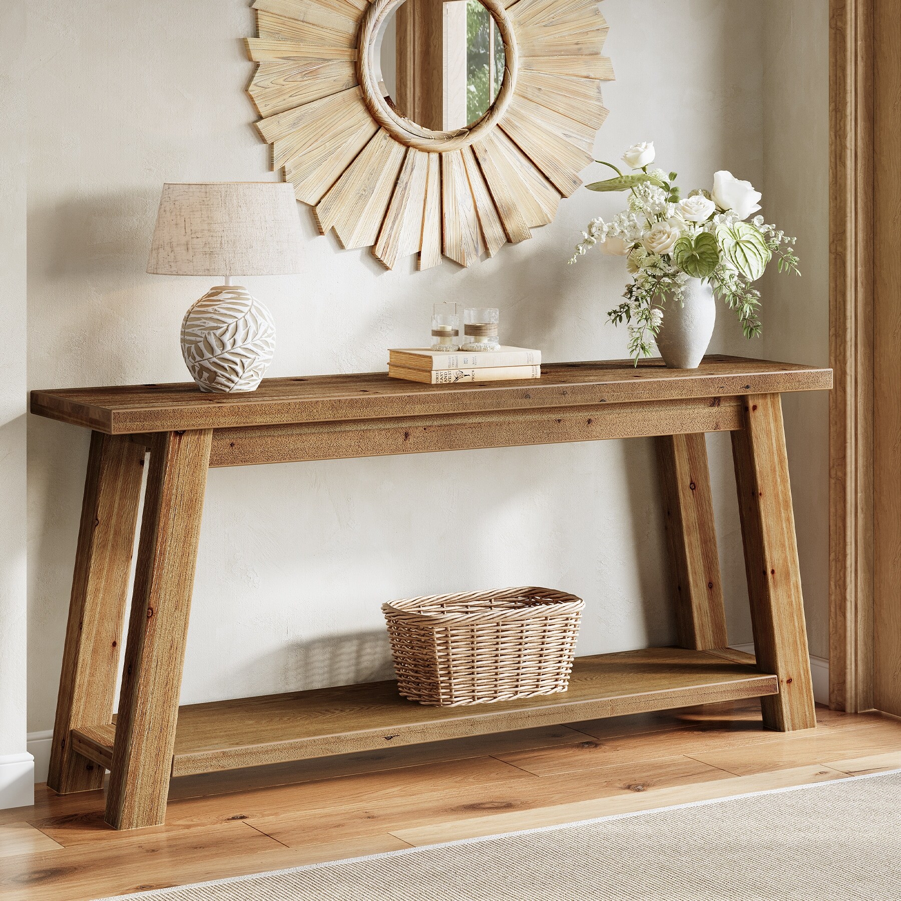 70.87 Inch All Solid Wood Console Table with Shelf, 1.97'' Thick