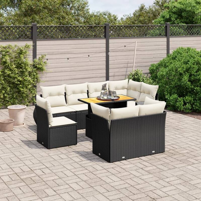 vidaXL Patio Sofa Set with Cushions Lounge Table and Sofas 9 Piece Poly Rattan - 21.7 x 39.4 x 28.7 - Black