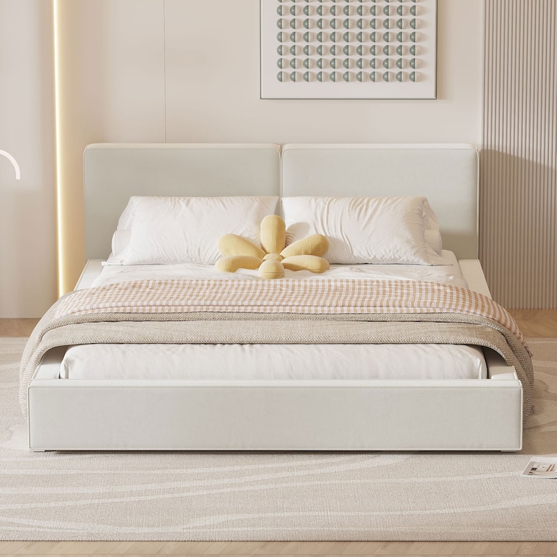 Beige Queen Size Upholstered Platform Bed with Velvet Fabric and Solid Frame