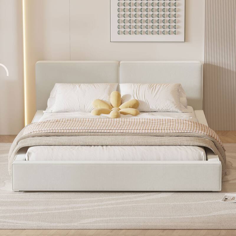 Queen Size Upholstered Platform Bed with Velvet Fabric, Grounded Bed with Solid Frame, Beige - Beige