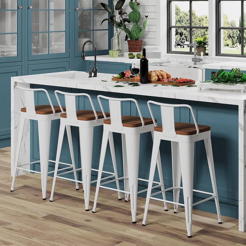 Counter Stools with Metal Frame Counter Height Bar stools with Low Back 24" Kitchen Bar Furniture Stools with Wooden Seat - Set of 4 - Off-White